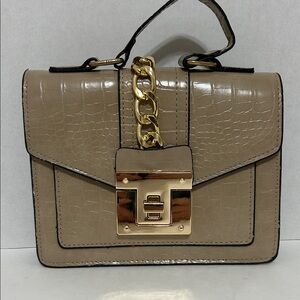 Taupe Croc-Embossed Top Handle Bag with Gold Chain Accent